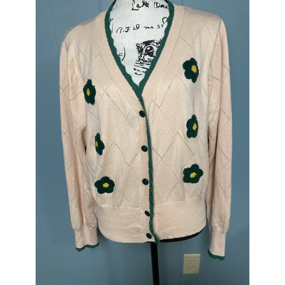 Belle Poque Cardigan Sweater Womens 2XL Pink Floral Button Front Long Sleeve